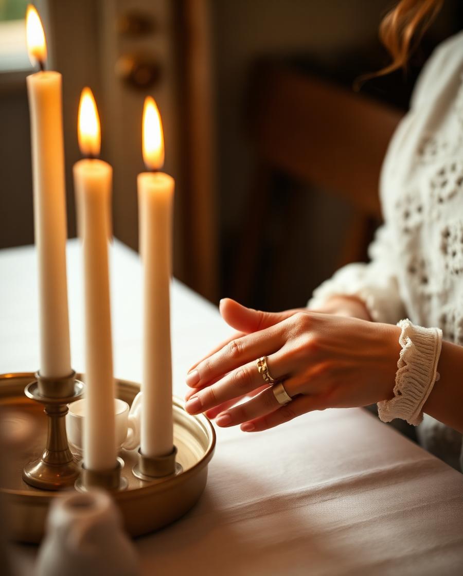 Hands lighting Shabbat candles in warm afternoon light